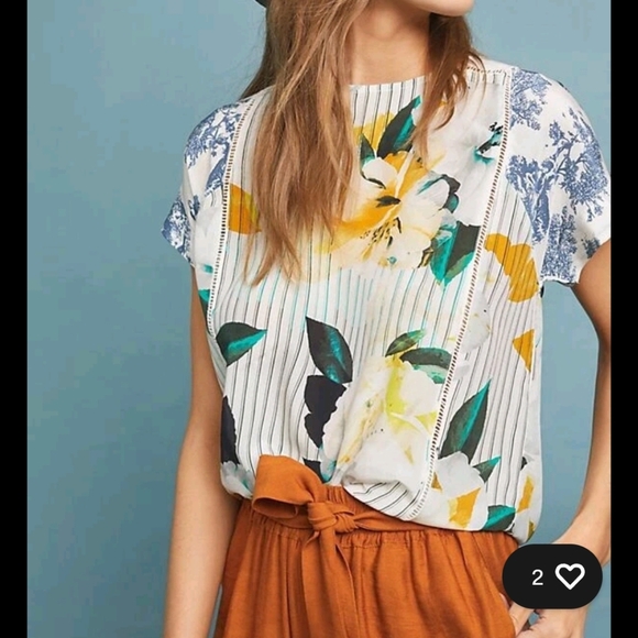 Anthropologie Yellow and Green Floral Blouse - Picture 1 of 6